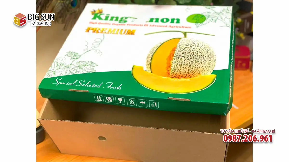 Mẫu thùng Carton đựng dưa lưới nắp âm dương King melon