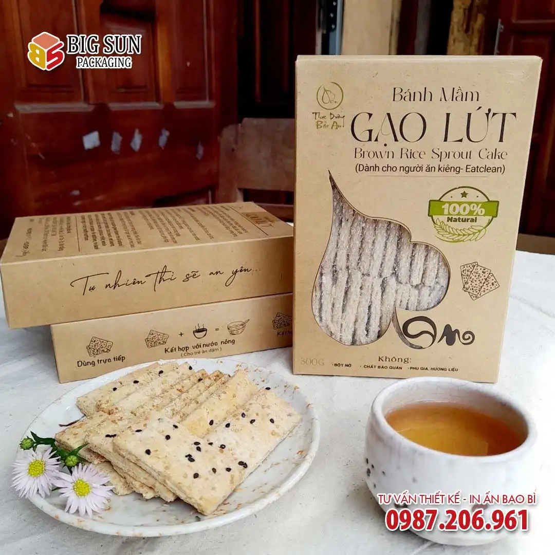 In hộp đựng bánh mầm gạo lứt