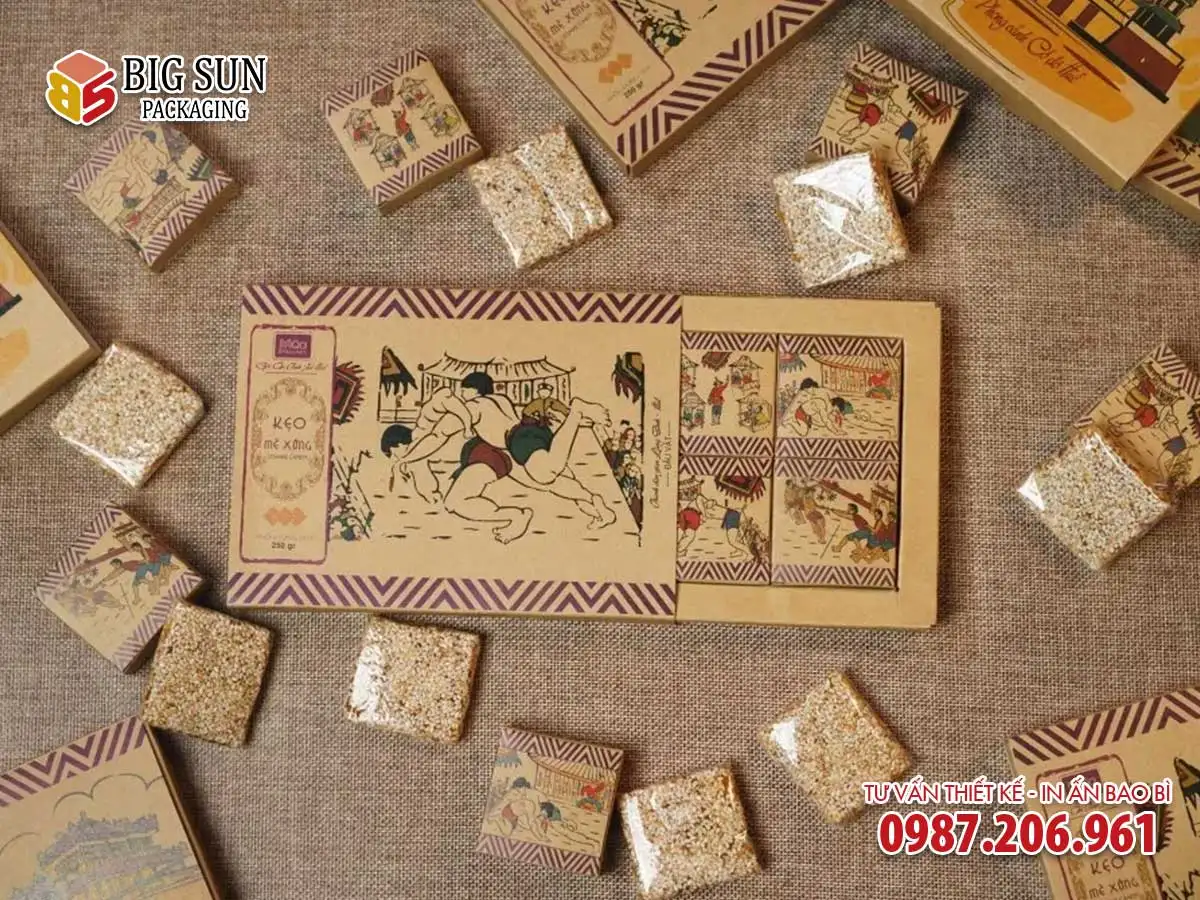 In hộp đựng kẹo mè xửng Huế