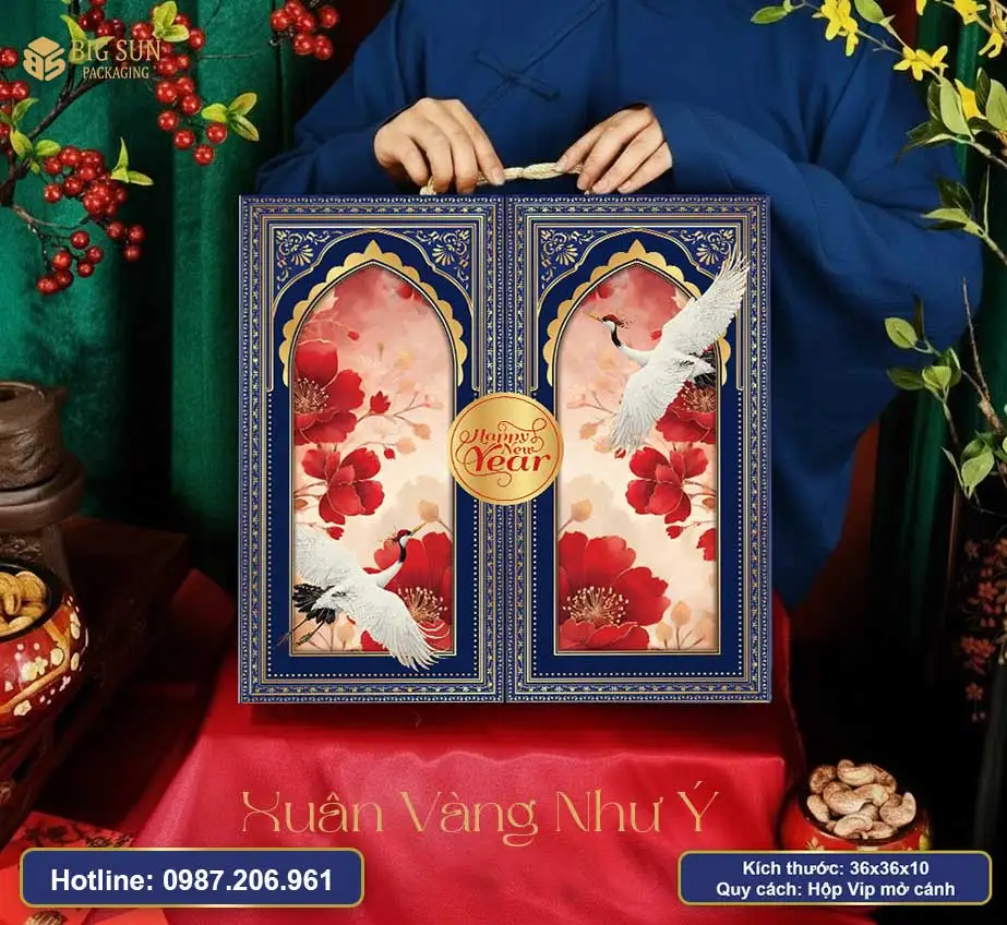 Mẫu Hộp đựng quà tết bán sẵn cao cấp 2026 Xuân Vàng Như Ý màu xanh