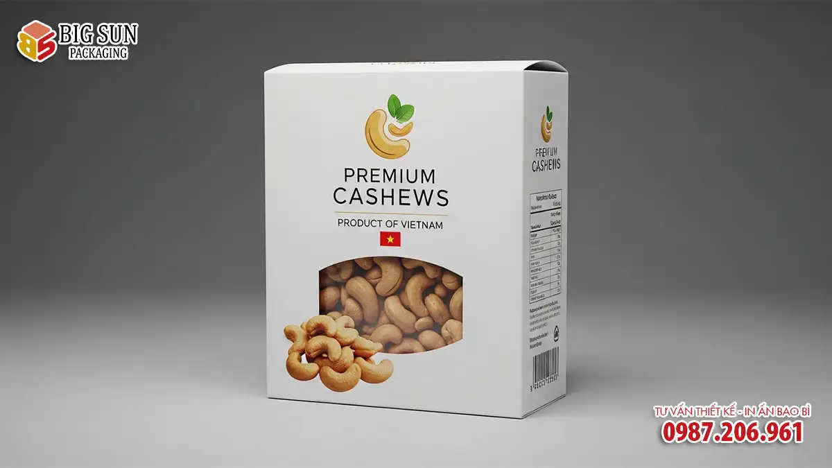 in hộp giấy đựng hạt điều
