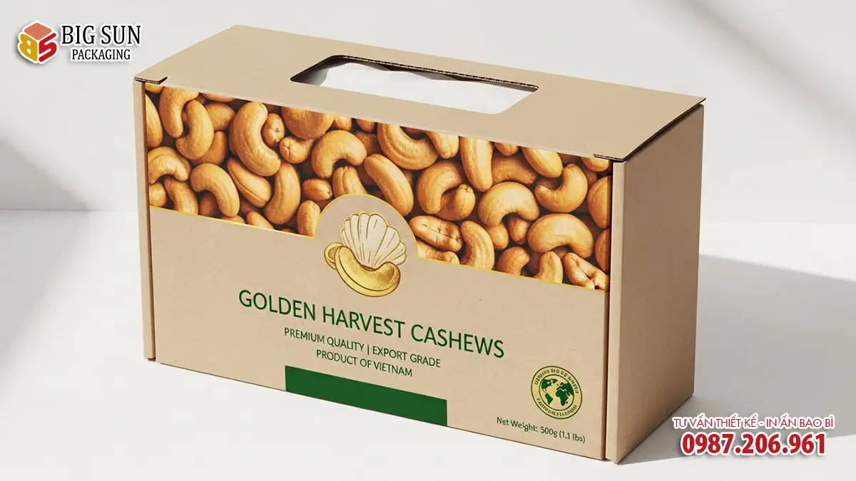 in hộp giấy đựng hạt điều