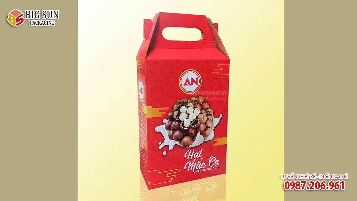 in hộp giấy đựng hạt macca