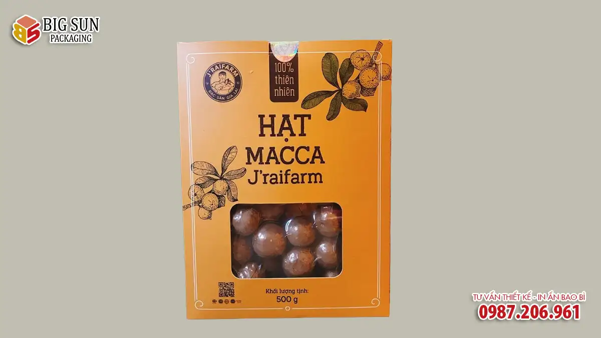 in hộp giấy đựng hạt macca