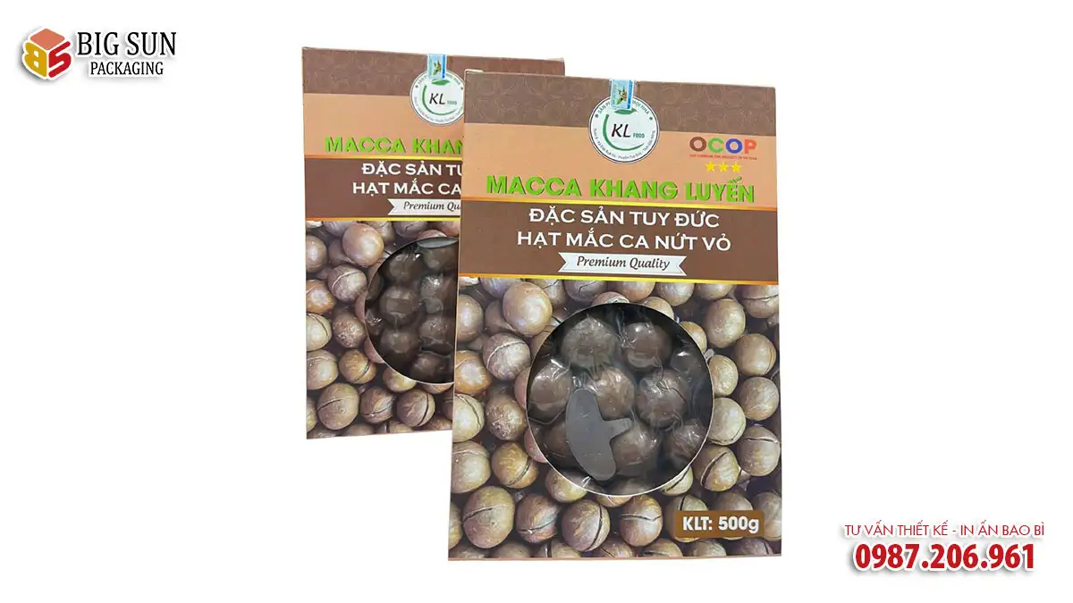 in hộp giấy đựng hạt macca