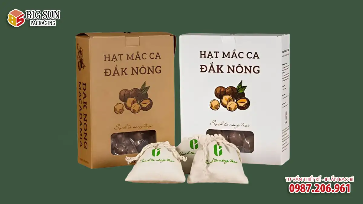 in hộp giấy đựng hạt macca