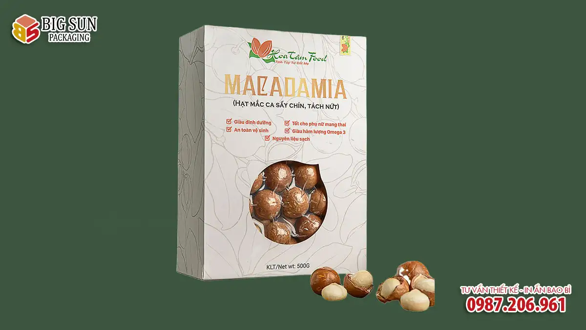 in hộp giấy đựng hạt macca