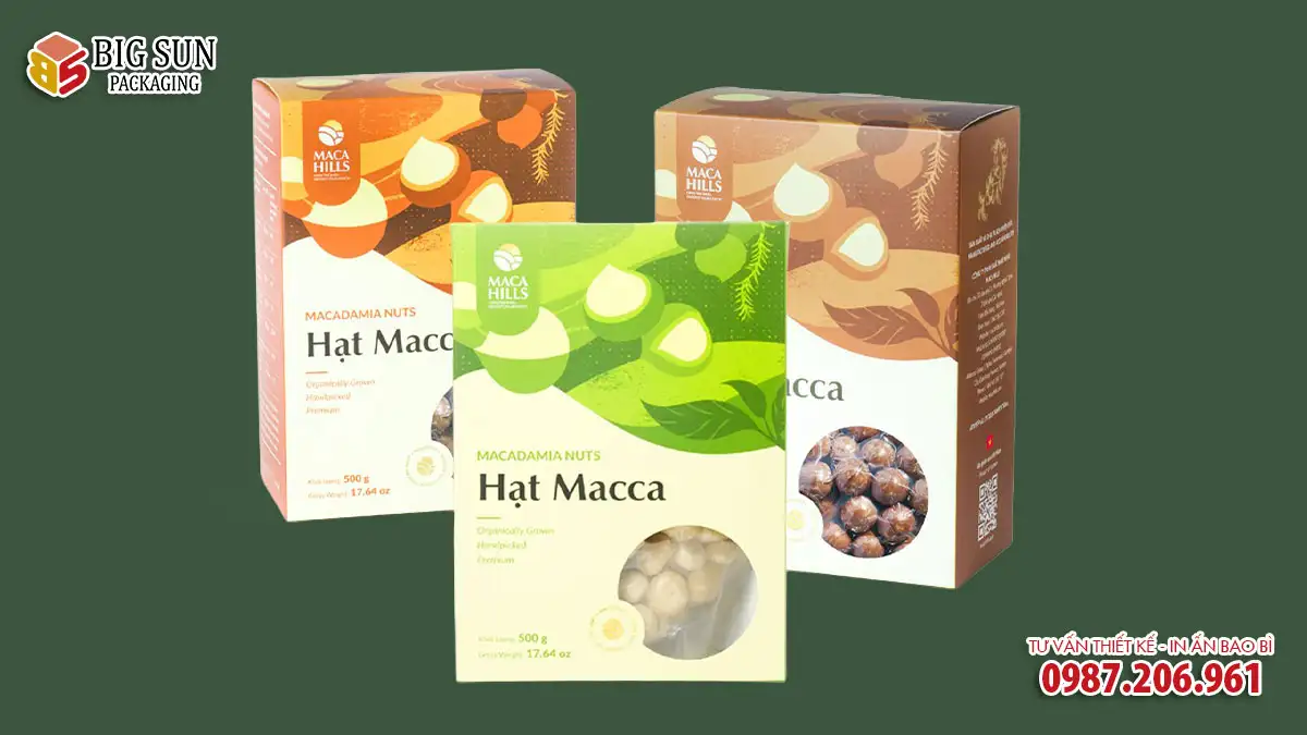 in hộp giấy đựng hạt macca
