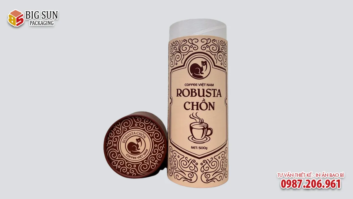 in hộp trụ tròn đựng cà phê