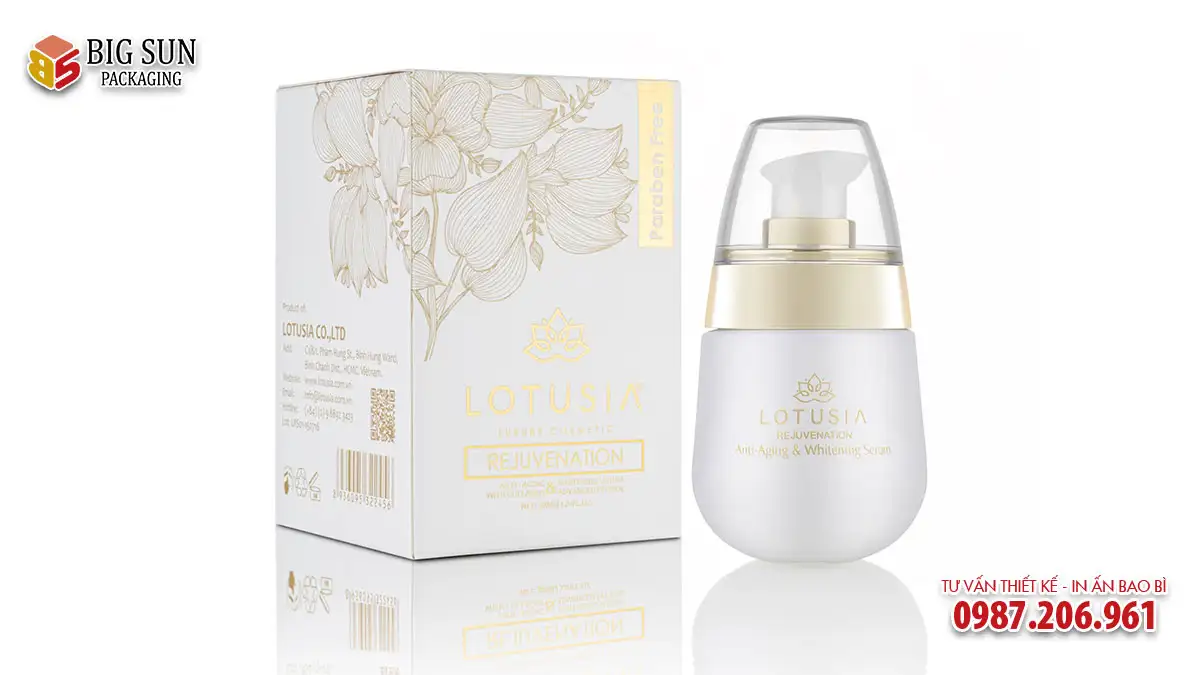 Hộp đựng lọ serum in giấy ivory ép kim logo và ép nhũ họa tiết