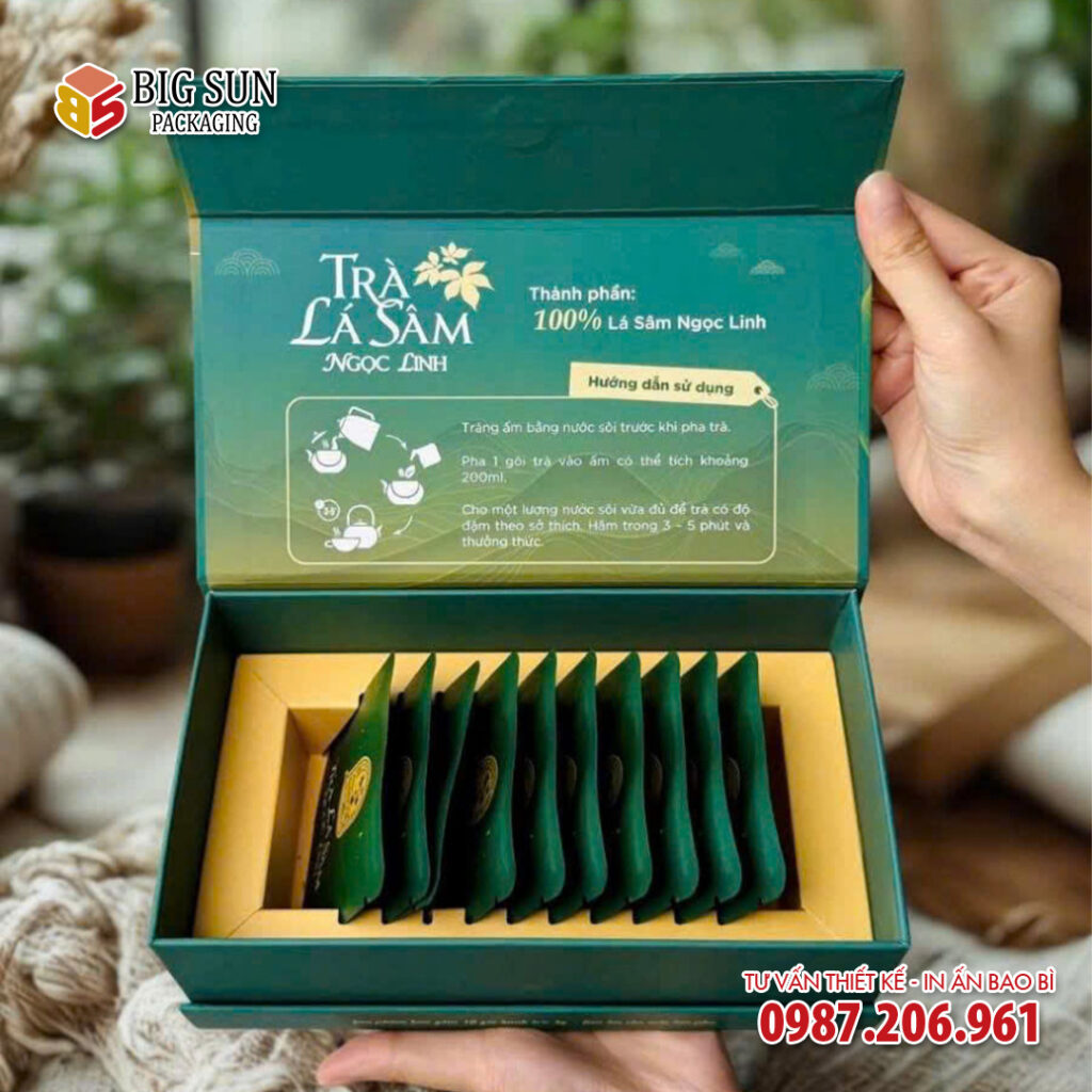 in hộp trà lá sâm ngọc linh cao cấp