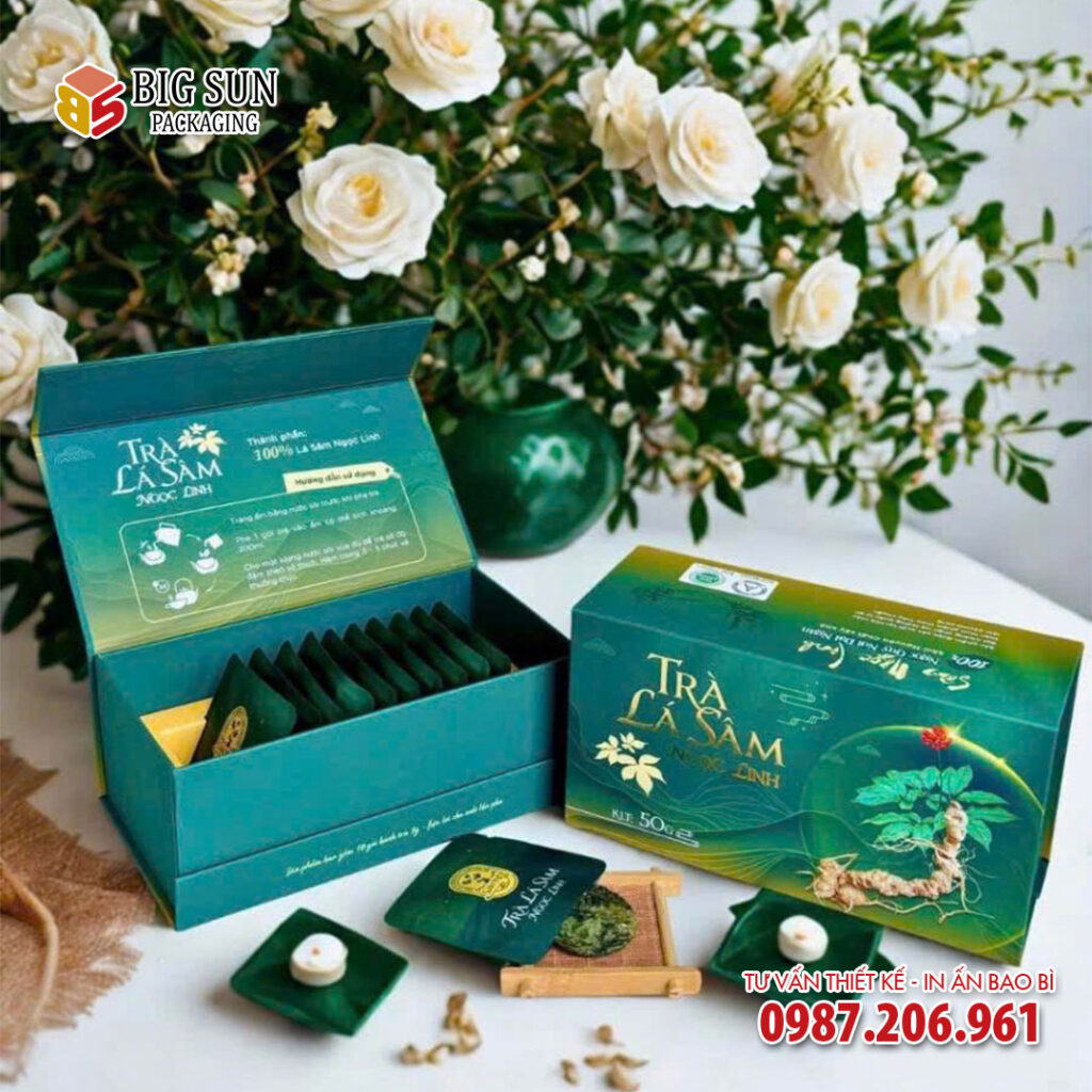 in hộp trà lá sâm ngọc linh cao cấp