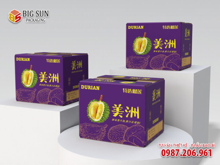 In thùng carton đựng sầu riêng màu tím