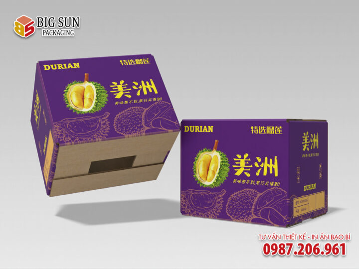 In thùng carton đựng sầu riêng màu tím