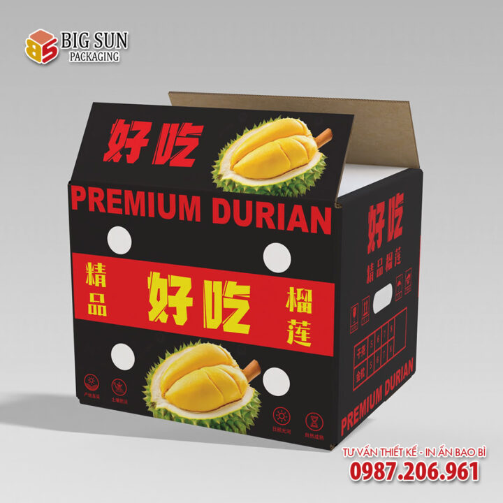 In thùng carton đựng sầu riêng màu đen thượng hạng