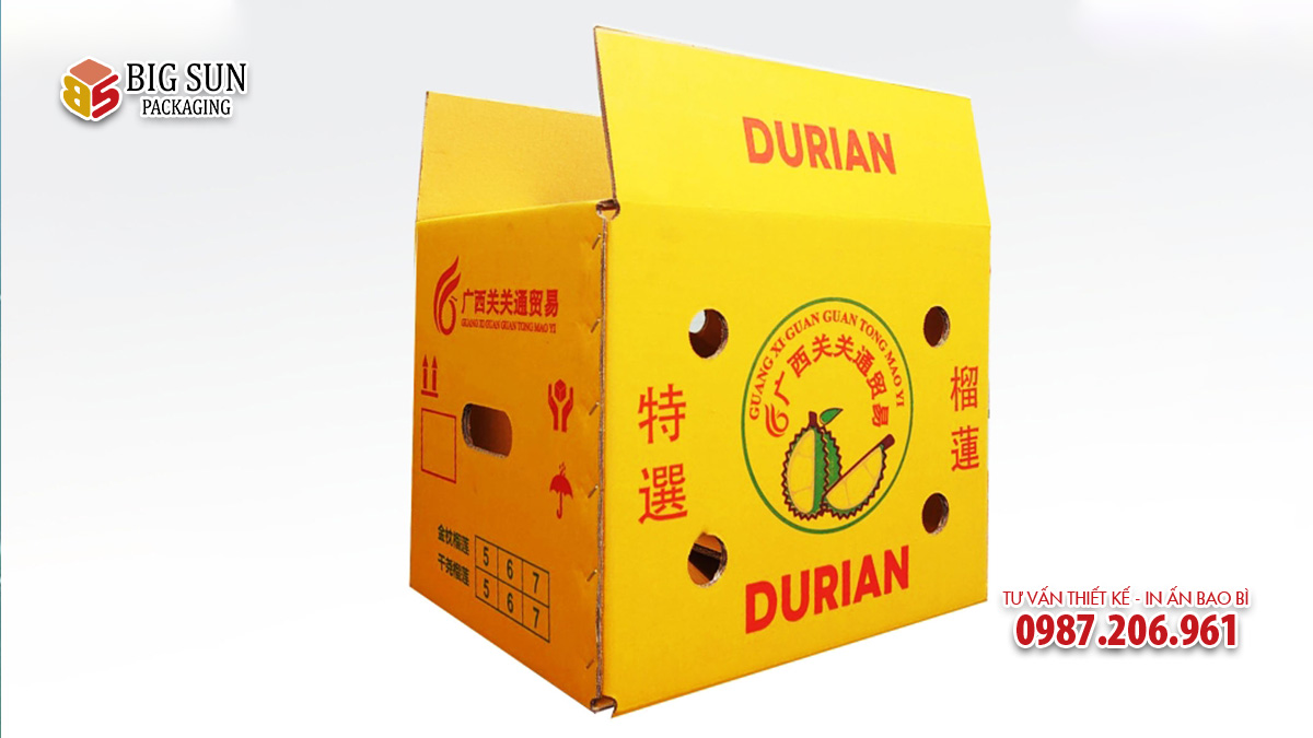 Mẫu thùng carton đựng sầu riêng xuất khẩu Trung màu vàng