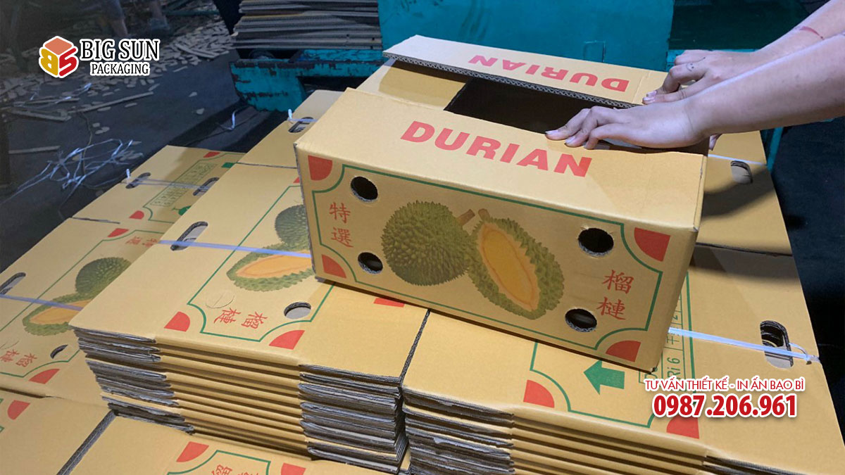 Mẫu thùng carton đựng sầu riêng đang in tại xưởng