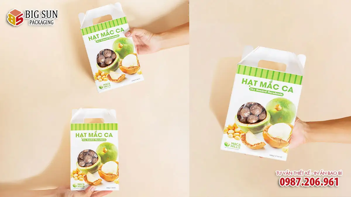 in hộp giấy đựng hạt macca