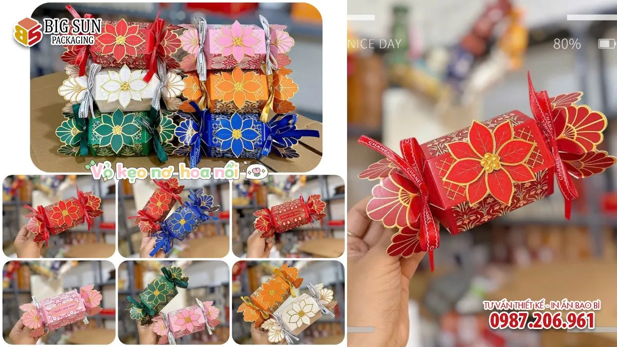 Hộp đựng bánh kẹo hình kẹo nơ hoa nổi