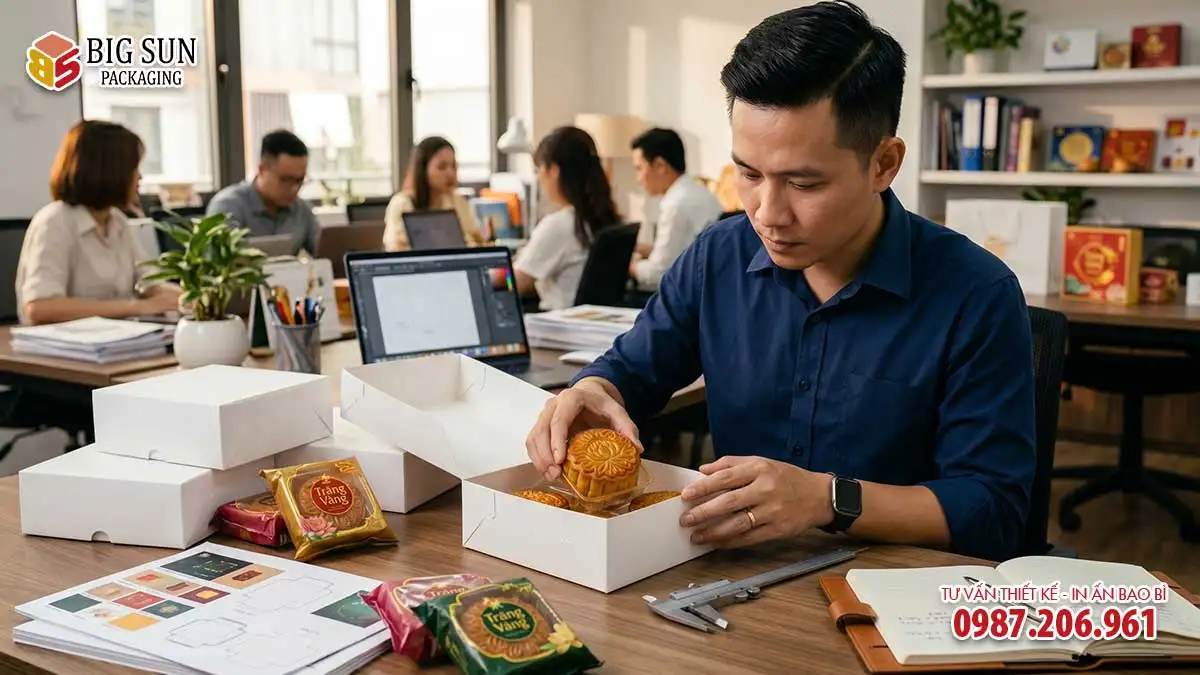 Ảnh Brand Manager đang kiểm tra mockup trắng, đặt bánh mẫu vào hộp để kiểm tra kích thước