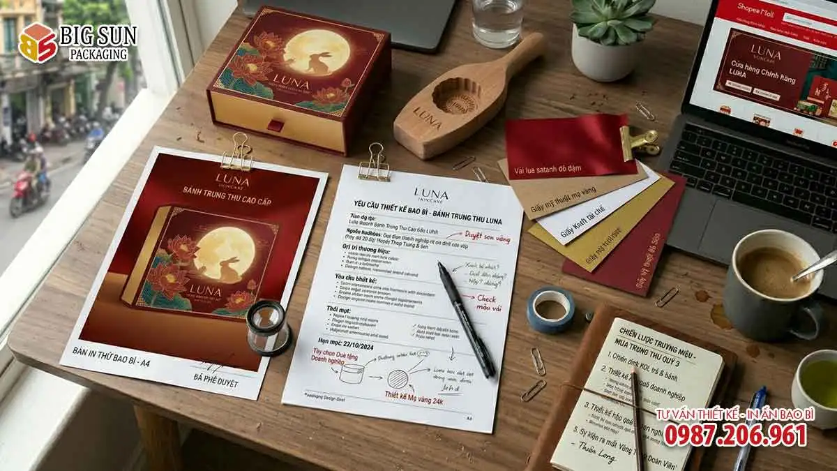 Hình ảnh flat-lay bàn làm việc của Brand Manager với brief bao bì, mẫu giấy, mockup trắng và bản in proof