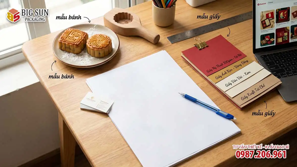 Ảnh mô phỏng bản brief bao bì trung thu được điền đầy đủ thông tin, kèm mẫu giấy và mẫu bánh