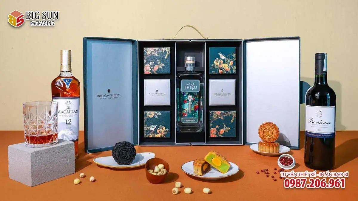 hộp bánh trung thu khách sạn Intercontinental Hà Nội dòng Luxury 6 bánh kèm rượu nhìn tổng thể
