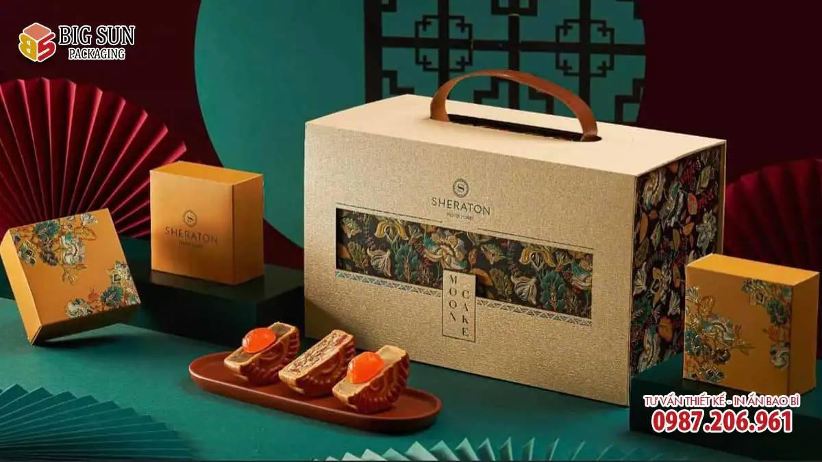 Hộp bánh trung thu Sheraton bộ Phi Minh Tửu Nguyệt vali vàng kem ánh kim
