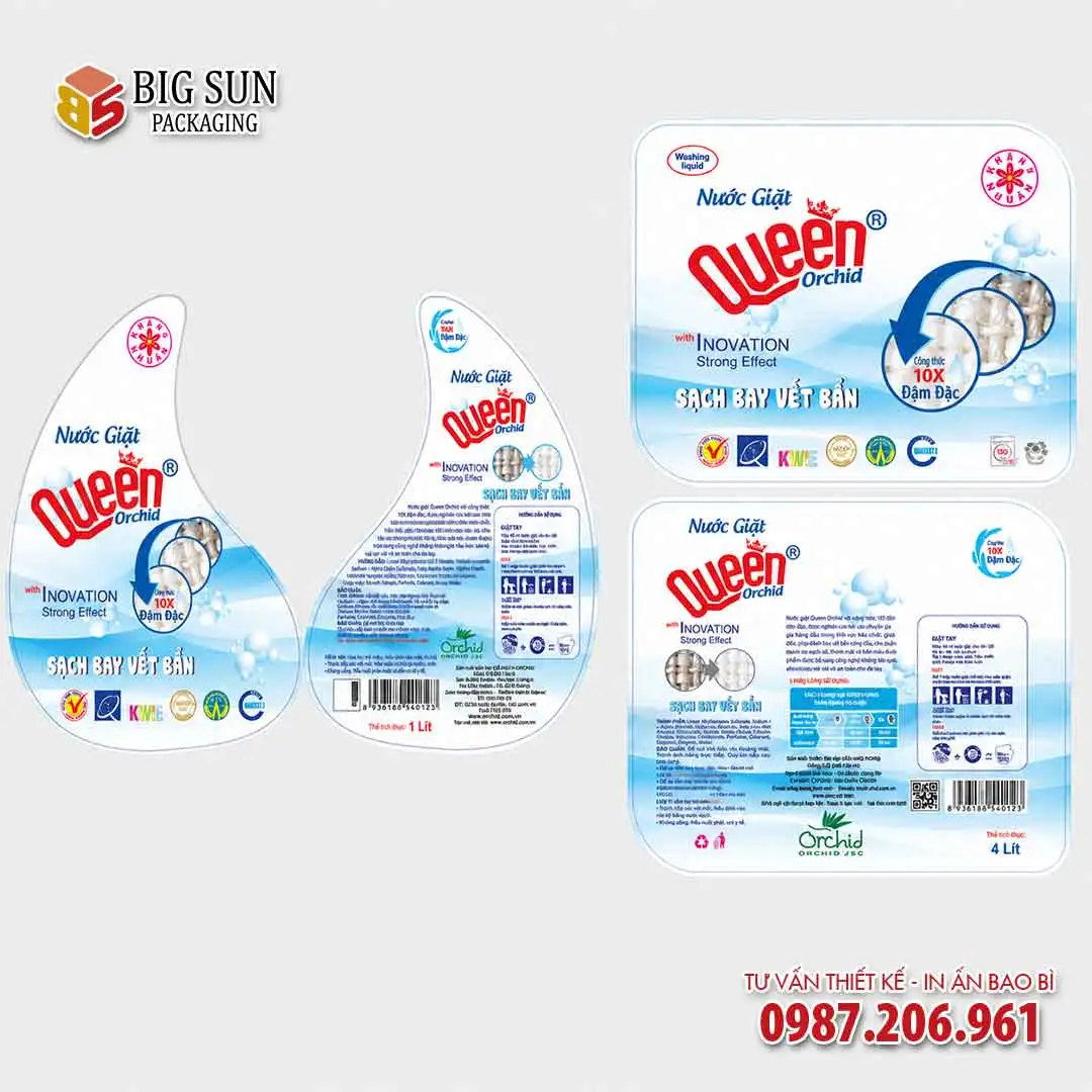 Tem dán chai nước giặt Queen kích thước thực tế